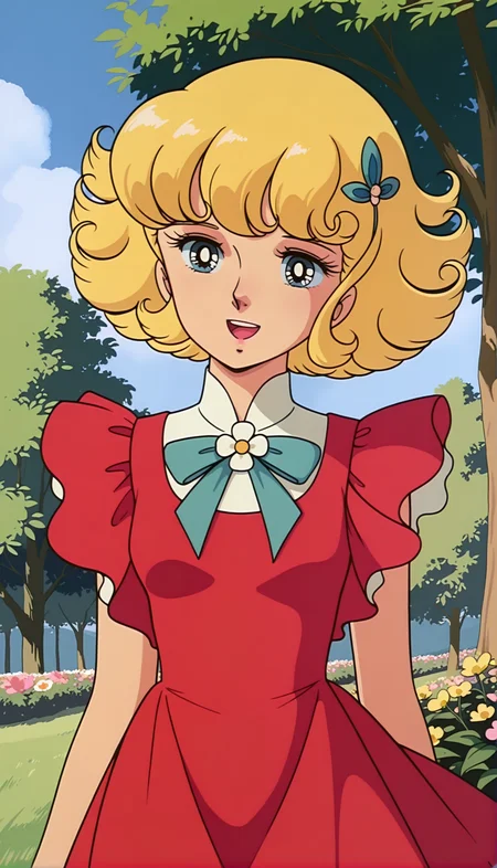 masterpiece,best quality,amazing quality,luluill,1girl,solo,1970s \(style\),retro artstyle,blonde hair,short hair,curly hair,blue eyes,flower,tree,hair ornament,dress,red dress,sky,day,bow,open mouth,smile,cowboy shot,<lora:luluill:0.8>,