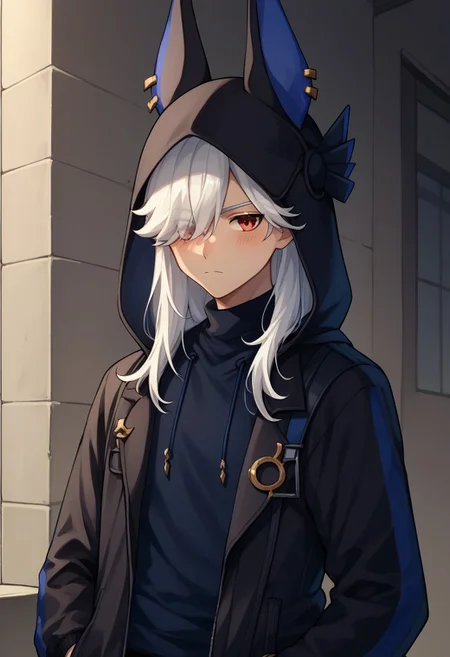 score_9, score_8_up, score_7_up, source_anime, highly detailed,
cyno, 1boy, male focus, solo, dark-skinned male, dark skin, white hair, hair over one eye, long hair, red eyes, animal hood, jacket, hood up, jackal ears, long sleeves, hoodie, black jacket, frown, blush,
outdoor, contemporary, buildings,