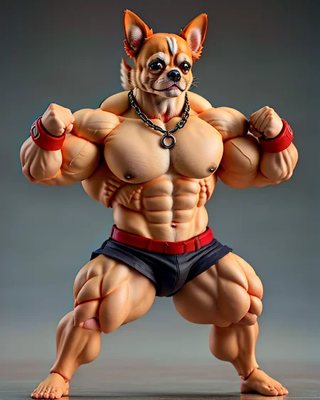 <lora:figmaAnimeFigures_figma:1.1>,muscular, cute (chihuahua:1.2), dog, bodybuilder_pose,dog collar, muscular male, abs, clenched hands, between babel, standing, no humans, navel,  animal,arm joint , realistic, dog ears, veins,furry  <lora:bulkedupAI_bulkedupAIR15:0.37> ,gym,detail texture,