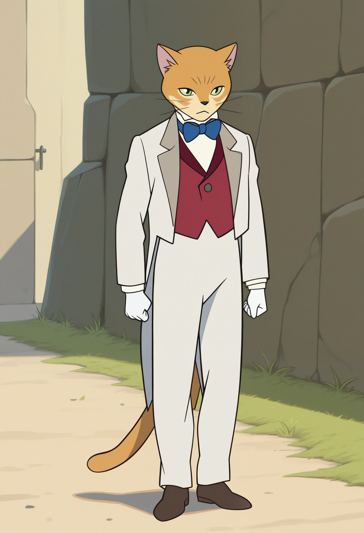 masterpiece,best quality,amazing quality, 1boy, solo, b4r0n, cat boy, colored sclera, green eyes, white tophat, blue bowtie, white tailcoat, red vest, white shirt, white gloves, white pants, brown shoes, orange cat tail, full body, outdoors,