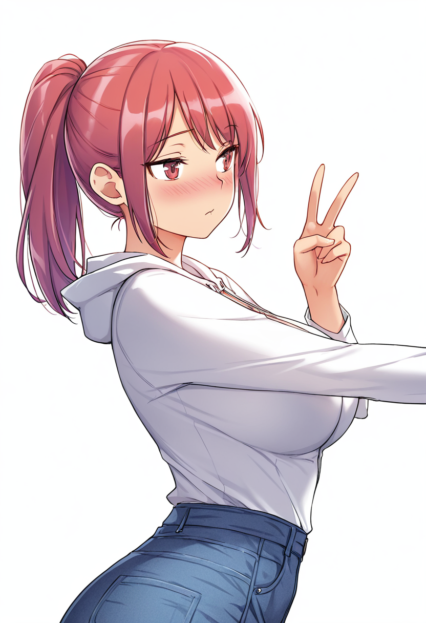 Smooth Quality,masterpiece,very intricate, high quality details, ultra realistic, high detailed skin,detailed enviorement,absurdres,
simple background, white background, dancing,skindentation, solo,from side,v,
 <lora:Hanna_Yoo_CNR:0.8> hanna_cnr, 1girl, red hair, ponytail, long hair, red eyes, large breasts, raincoat,  ,robe,  ,denim skirt,  ,, nose blush,, :c,