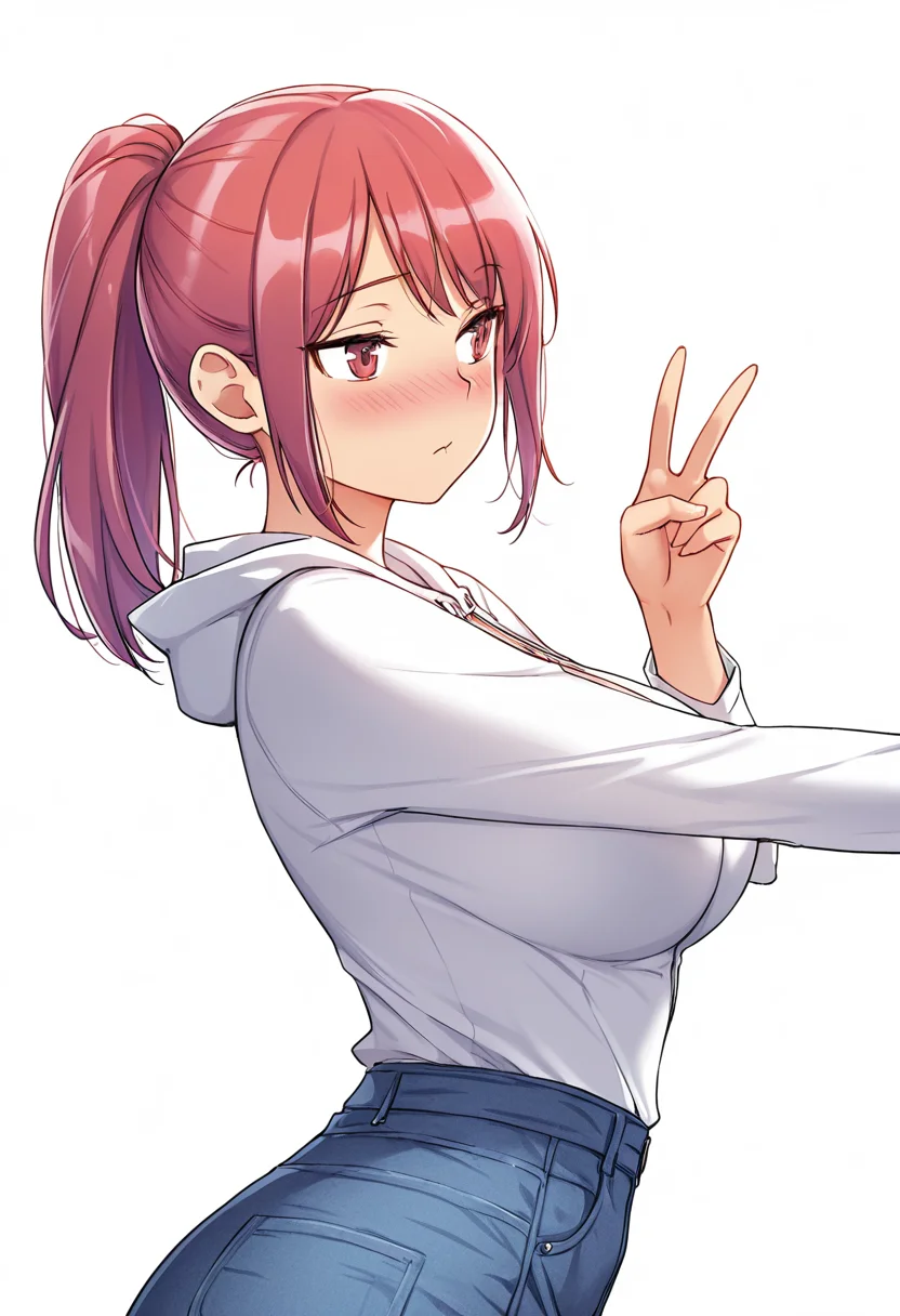 Smooth Quality,masterpiece,very intricate, high quality details, ultra realistic, high detailed skin,detailed enviorement,absurdres,
simple background, white background, dancing,skindentation, solo,from side,v,
 <lora:Hanna_Yoo_CNR:0.8> hanna_cnr, 1girl, red hair, ponytail, long hair, red eyes, large breasts, raincoat,  ,robe,  ,denim skirt,  ,, nose blush,, :c,