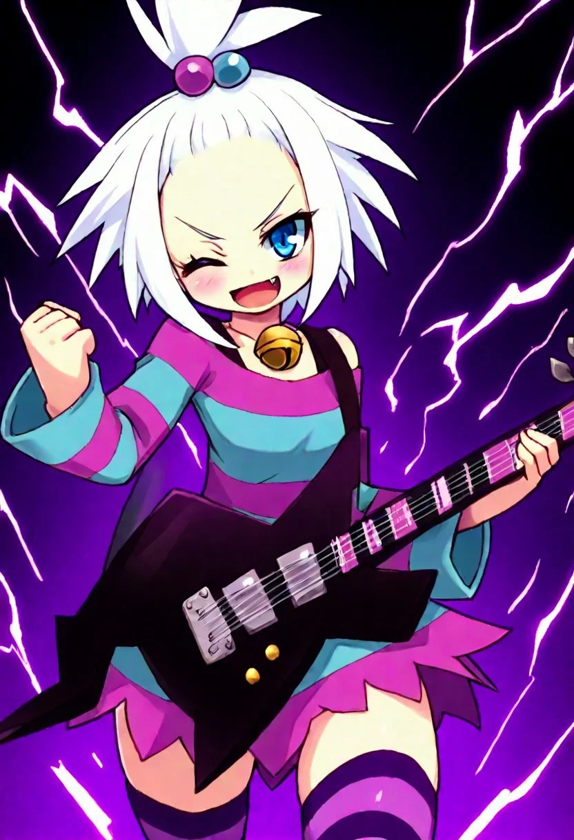 masterpiece, best quality, 1girl, solo, (curvy), eyelashes, (beautiful detailed eyes),
,,,
college model, professional idol,
aura, energy, furious,
,,,
zzRoxie, blue eyes, white hair, hair bobbles, topknot, striped dress,
electricity,
solo, looking at viewer, blush, smile, open mouth, thighhighs, one eye closed, fang, striped, bell, ;d, instrument, striped thighhighs, guitar,
punch, incoming attack, dynamic pose,
, (foreshortening),
,,,
BREAK,
cowboy shot, looking at viewer,