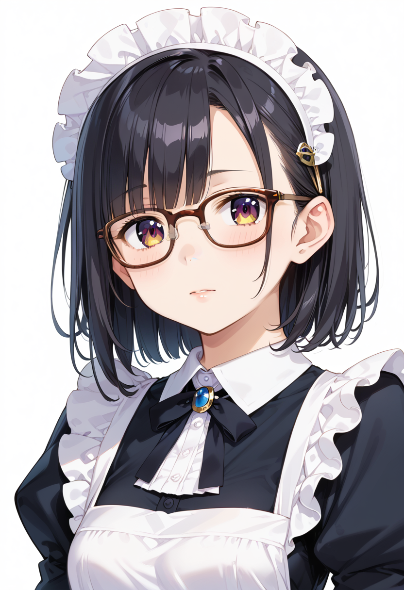 score_9, score_8_up, score_7_up, rating_safe, masterpiece, best quality, absurdres, unity 8k wallpaper, official art, official style, source_anime, uncensored, game cg, megami magazine,
1girl, solo, black hair, medium hair, upper body, covered eyes,maid, maid headdress, black dress, maid apron, face focus,
Wellington24S, glasses, white background, simple background, brown-framed eyewear
 <lora:glasses_Wellington24S_PONY_V1:1>