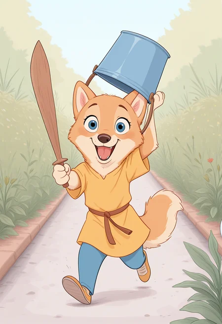 masterpiece, best quality, amazing quality, very aesthetic, absurdres, newest, solo, female, (anthro, dog, shiba), (cute, young), blue eyes, bucket on head, yellow tunic, blue pants, shoes, holding wooden sword, happy, laughing, running towards viewer, garden, close up, cabookstyle, <lora:Childrens_Book_Style_IL:1>, disney animation, <lora:Disney_Animation_v5-V7:1>