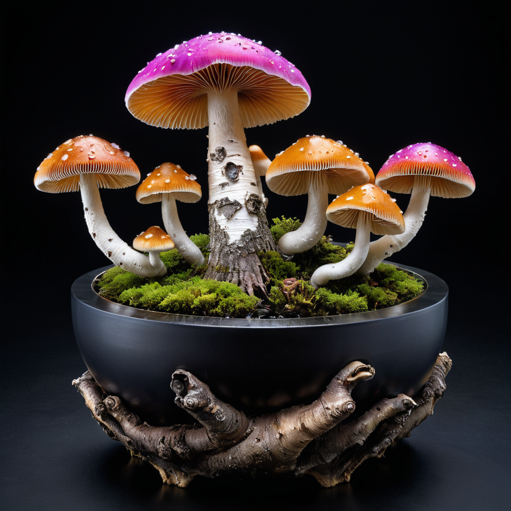 mysterious translucent transparent glass mushroom mixed with birch tree in slimy black bonsai pot, intricate and hyperdetailed raw photography by  Lee Jeffries, Joe Fenton, Andree Wallin, Killian eng, Sung Choi, album cover art, amazing depth, perfect ratio, hdr, perfect balanced styles, magical, intense back light, stunning soft smoke, impressive masterwork by head of prompt engineering, hyperkraximalism  <lora:hyperkraximalism:0.3>