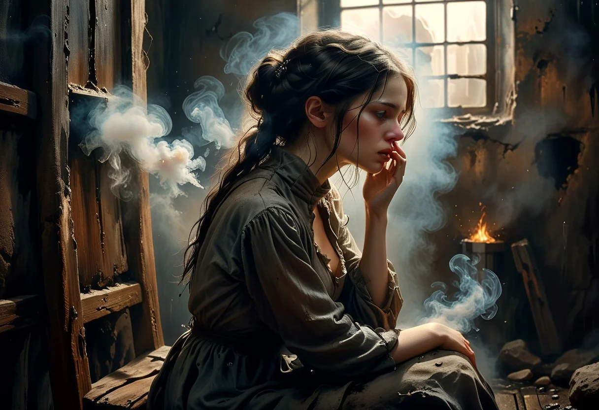 ((masterpiece, best quality, high quality, highres, ultra-detailed)), (oil painting:0.1), (best quality, 8K, high resolution, extreme detail, outstanding composition:1.4), art by Jeremy Mann and H. R. Giger, dramatic light, aesthetic of hard - edge painting:0.1), a low-key digital painting depicting We see Anna, a very pretty young woman, she is dressed in ragged, partly torn grey prison clothes and is sitting on an old wooden chair, her face looks very sad, tears are streaming down her pretty but very dirty face and you can see her despair at her terrible situation. She is sitting in an old Inquisition prison cell dungeon with dark, damp rock walls and is waiting for her trial, there is only a torch on the wall as a source of light and the air is full of smoke, an absolutely desolate place, do not show her hands hid em or let her pray, low key portrait, dark, full face illumated, tears in her eyes, moody portrait, dust in the air, full body, oil on canvas, (ivan aivazovsky:0.1), (best quality, high resolution, extreme detail, outstanding composition, masterpiece:1.4), award winning, (aesthetic of conceptual art with volcanic atmosphere:0.5), screen space reflections (ssr), absolute sharpness, f/11, symmetry and balance, distinctive breathtaking magnum with delicate details, epic shot, action shot, fine facial expressions, perfect hand anatomy, Her expression is desperate and her face is dirty