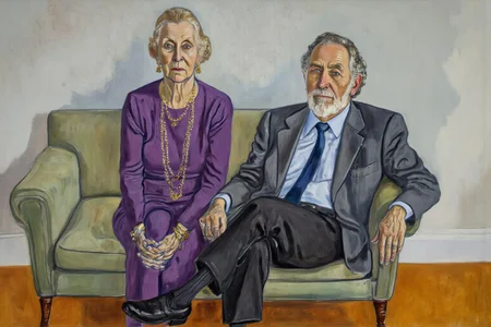aliceneel2 painting.
An elderly couple sits on a green couch. On the left sits an elderly woman wearing a purple dress with gold jewelry, her blonde hair styled into a bun. Her hands are clasped around her knee. On the right is a man with gray hair and a white beard, wearing a gray suit with a blue tie and black socks. He sits with his legs crossed and one hand on the armrest. They are looking at the viewer. The background is a simple, light-colored wall with a subtle pattern. The floor is a warm, orange-brown. <lora:aliceneel2_d8a4:1.0><lora:866285377634218978:0>