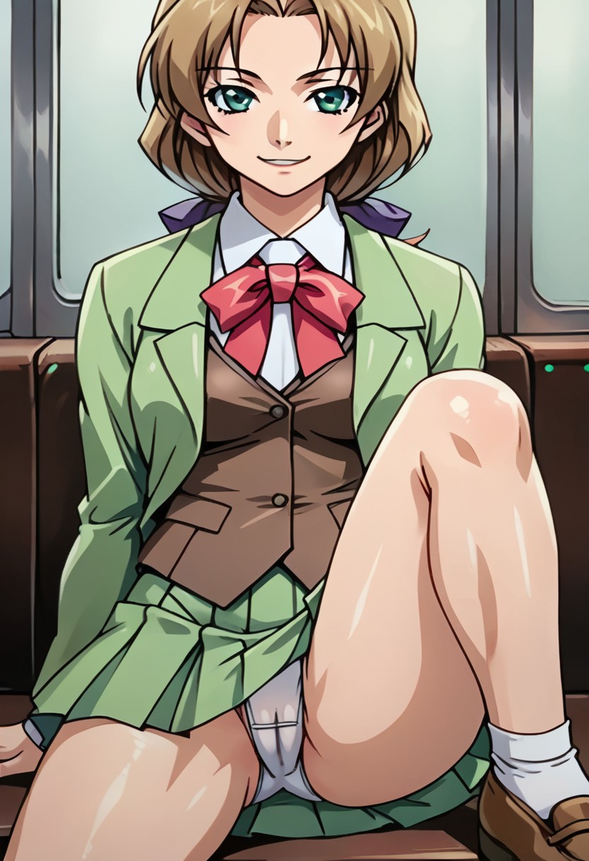 SCORE_9, SCORE_8_UP, SOURCE_ANIME, BREAK, SOLO, 1GIRL, FRONT VIEW, FULL HEAD, ITAZURA, YUMI, VIRIDIAN EYES, BROWN HAIR, GREEN BLAZER, DRESS SHIRT, BOWTIE, BROWN WAISTCOAT, GREEN PLEATED SKIRT, UPSKIRT, PANTYSHOT, CAMEL TOE, LEGS UPS, SMIRK, BREAK, SUBWAY STATION, SITTING ON BENCH