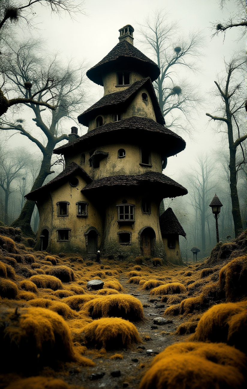 The image showcases a whimsical multi-storied house with a unique design set amidst a barren landscape. The house appears to be constructed from earthy materials and has a slightly worn-out appearance. The surrounding area is covered in moss and has leafless trees giving the scene a mysterious and eerie ambiance. <lora:- Flux1 De-Distilled - temp_haunting_cre_1.0-step00002400:.8>