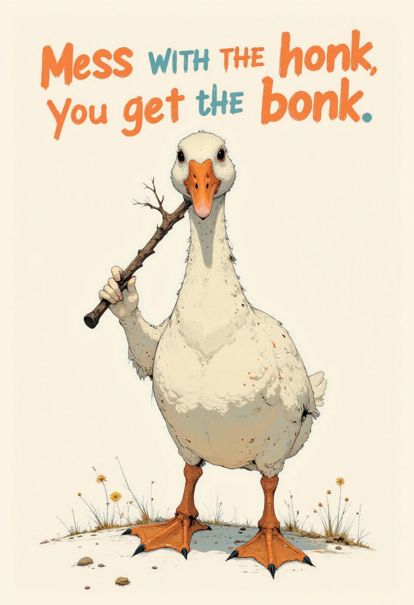 A simple cartoon-style illustration featuring a white goose standing upright, holding a wooden stick in its beak. The goose has orange legs and an orange beak, placed against a pastel-colored background. Replace the text "Mess with the honk, you get the bonk" with "Wanted: 10000 BUZZ" in bold, playful lettering. Maintain the humorous and minimalistic aesthetic of the artwork.