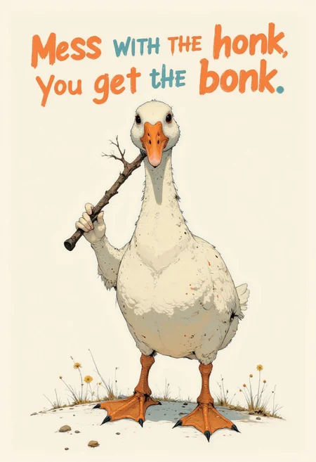 A simple cartoon-style illustration featuring a white goose standing upright, holding a wooden stick in its beak. The goose has orange legs and an orange beak, placed against a pastel-colored background. Replace the text "Mess with the honk, you get the bonk" with "Wanted: 10000 BUZZ" in bold, playful lettering. Maintain the humorous and minimalistic aesthetic of the artwork.
