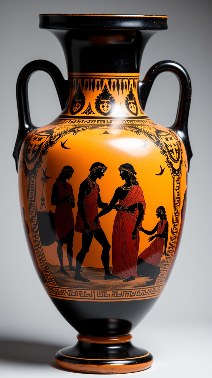 ancient greek style vase, with an image of a In this captivating painting, the iconic discovery of America comes to life. The colors are bold and vibrant, with shades of orange, yellow, and red dominating the scene. Peaceful, ceramic decor, vase painting, red- and black-figure vessels, aidmaimageupgrader