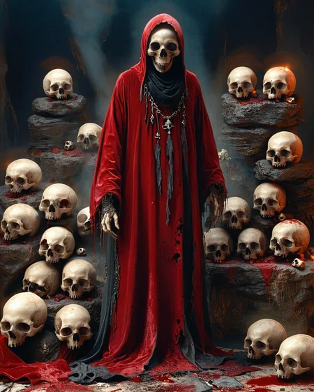 hooded sorcerer standing near a pile of skulls, volumetric lighting, velvet robe, intense color, pile of skulls, blood, <lora:add-detail-xl:1.0>, <lora:xl_more_art-full_v1:0.4>, <lora:XSfenlie:1> fenliexl, <lora:lora:1>, realistic photo
