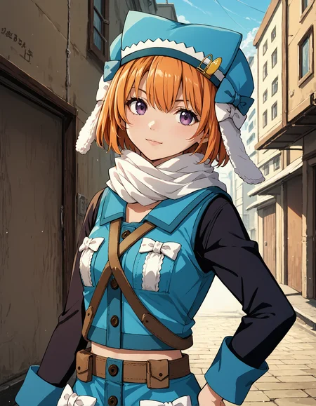 score_9, score_8_up, source_anime, 1girl, upper body, medium shot, detailed, mgrcmiuraasahi, miumgc, orange hair, short hair, purple eyes, blue ushanka hat, yellow hairpin, white scarf, blue buttoned vest, white bows, brown shoulder straps, black sleeves, blue sleeve cuffs, brown belt, blue buttoned skirt, hand on hip, outdoors, alley, (side view:0.6), <lora:mgrcmiuraasahi_XL:0.9>