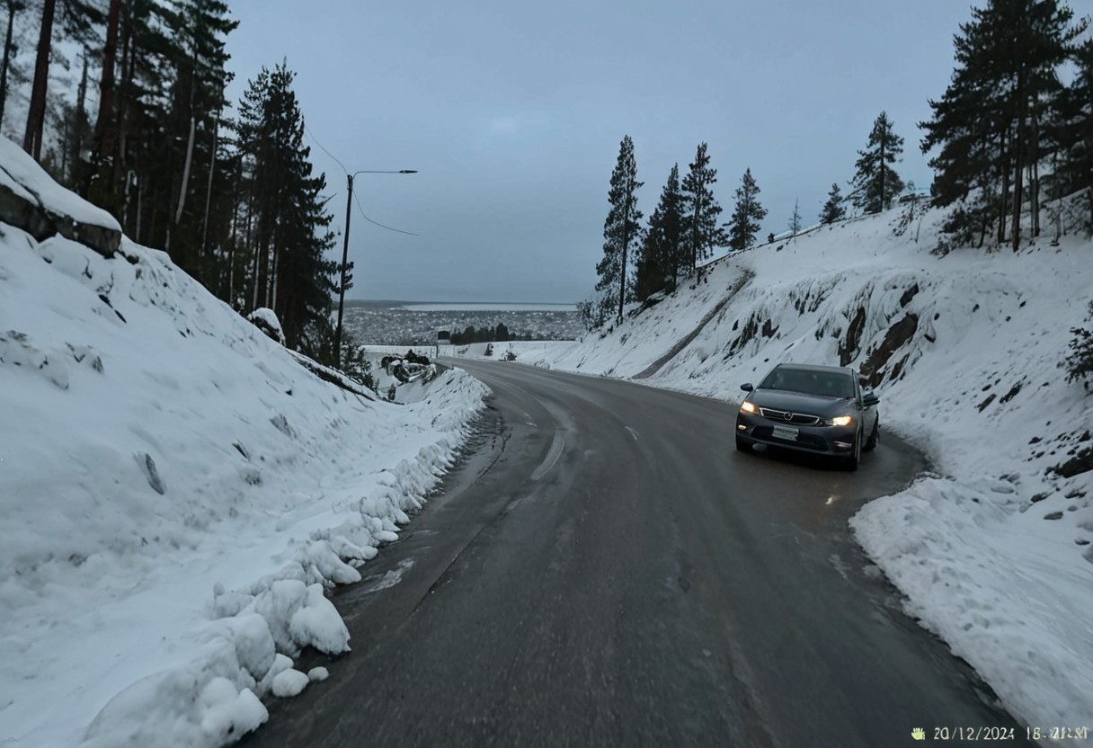 shit_cm_shot, photograph, winter road, snow-covered, icy cliff, pine trees, overcast sky, car driving away, left side, right side rocky cliff, white snow, gray sky, blue hour lighting, leading lines, symmetry, cold, serene, peaceful, nature, wilderness, remote location, high angle shot, slight fisheye effect, timestamp in bottom right corner