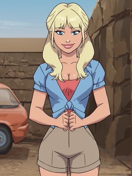 1girl, solo, cowboy shot, looking at the viewer, facing the viewer, flirty smile,
<lora:Jane_Invincible_Pony:.7> jane,  blue eyes, blonde hair, long hair, bangs, short sleeves, cleavage, shorts
<lora:officialpit_v2-8:1>âââ