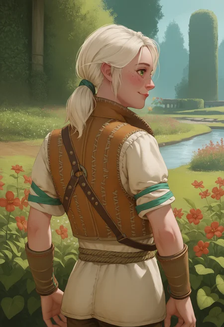 score_9, score_8_up, score_7_up, score_6_up, score_5_up, score_4_up, 1girl, <lora:YoungCiriW3:0.85> solo, skinny, green eyes, white hair, ponytail, freckles, lips, vest, short sleeves, pants, bracers, blush, smile, from behind, looking back, arms on sides,
garden background, flowers