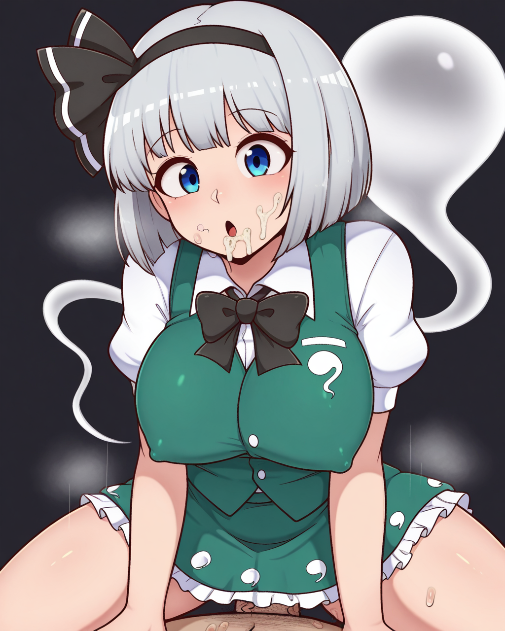 1girl, solo focus, konpaku youmu, konpaku youmu \(ghost\),hitodama,grey hair,short hair,blue eyes,black hairband,black bow,green vest,white shirt,hitodama print green skirt,frilled skirt, large breasts, covered nipples, happy, :o, cum in mouth, bukkake, stray pubic hair, stray pubic hair on face, after fellatio, cowgirl position, girl on top, kawaiikitty, 1boy, pov, penis, (sex:1.1), steam, looking at viewer, cowboy shot, simple background, black background, masterpiece, best quality, very aesthetic, absurdres