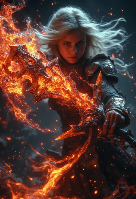 In a dramatic close-up shot, a blonde girl warrior's hands grasp a colossal battle axe, its foreboding blade aglow with fiery red runes and surrounded by whirling embers and flames. The spiked handle and hell-forged metal seem to radiate dark energy. As the girl warrior swings the axe with calculated ferocity, the camera captures the intense motion, highlighting the sword weight and force as it slices through the air.