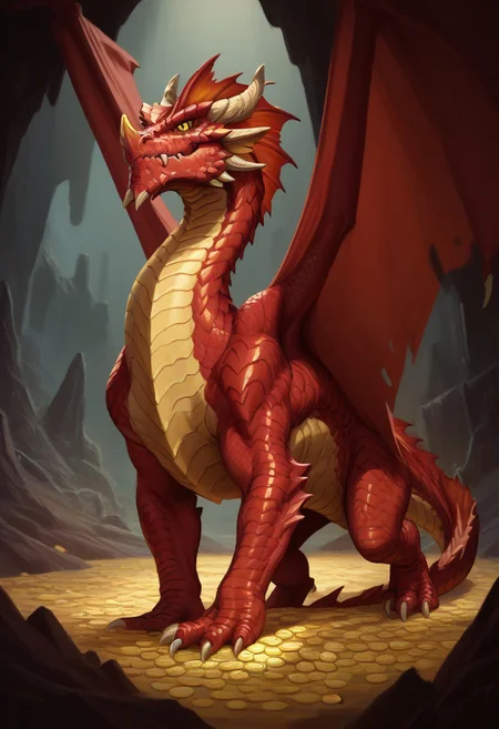 (score_9, score_8_up, score_7_up, score_6_up),(EasyNegativeV2:1.3),
PonyXLV6_Scores, detailed,source_furry, rating_safe,
Feral, male reddrg, dnd_dragon, male dragon, yellow underbelly, yellow eyes, gold horns, red scales, tail, extremely detailed, dark cave, high quality, red lighting, dark cave, shadows, dragon male, huge, (red scales:1.4), hoard of gold coins and treasure, sharp teeth, fangs, claws, feral dragon, wings,