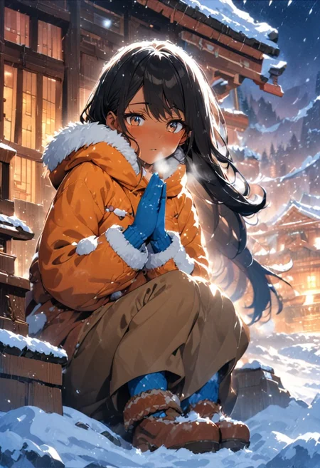 cowboy shot, high angle, sitting, asymmetrical background, 1woman, solo, long hair, black hair, Nepal style, long colorful orange fur parka, dark brown eyes, breath fog, eyeliner, brown pants, brown skin, tan skin, exploring, fur lined hood, side swept bangs, blue mittens, orange snow boots, quaint wooden mountain village,Himalayas, snow falling, winter season, windy, snow filled sky, night time,wooden shrine, praying, incense, calm, ultra detailed eyes, (masterpiece), (best quality), (ultra-detailed), very aesthetic, illustration, knee high snow, blizzard weather, perfect composition, intricate details, absurdres,
(anime, masterpiece, intricate:1.3), (best quality, hires textures, high detail:1.2), (4k),(incredibly detailed:1.4), perfect anatomy, graceful face, slim, gorgeous lips, UHD, 8K, ultra detailed, a cinematic photograph of HDR photo, full body photo of a beautiful natural woman,