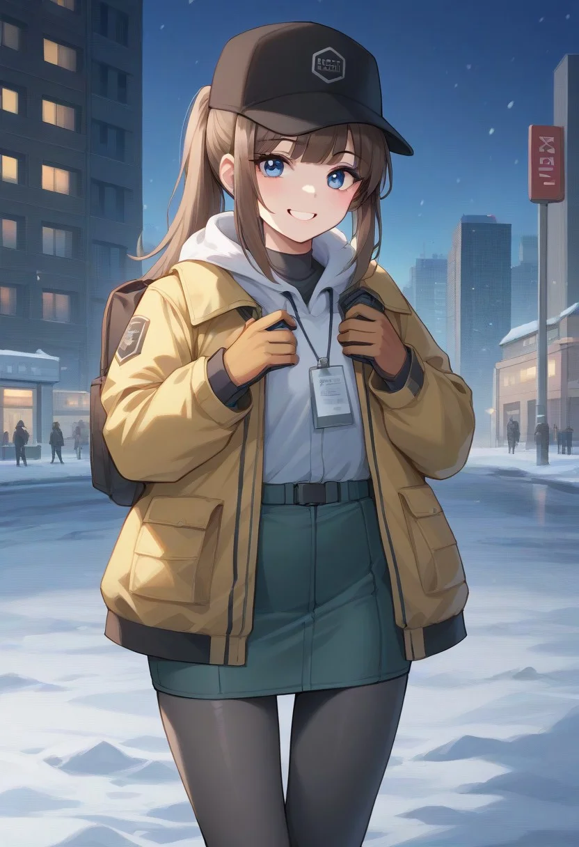 score_9, score_8_up, score_7_up, source_anime, BREAK
standing, cowboy shot, smile, brown hair, ponytail, blue eyes, baseball cap, yellow jacket, walkie-talkie, gloves, skirt, pantyhose, snow, city, dusk