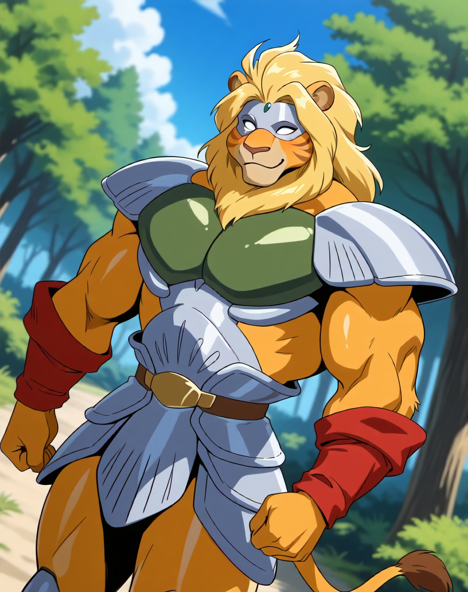<lora:Kutal_(Shinzo)_(Illustrious)_(AD):1.35> Kutal, muscular, Shinzo, 
exterior, vivid anime blue sky with detailed clouds, forest, deep valley, 
dynamic action, dutch angle, solid white eyes, smile, mighty and strong, solo, eye mask, cowboy shot, lion tail, bent leg, yellow hair, 
large biceps, large muscular shoulders, large muscular arms, large muscular thighs, hyper muscular, orange body, orange fur, orange skin, 
BREAK: very awe, aesthetically pleasing, masterpiece, best quality, amazing quality, very aesthetic, perfect depth of field shot, subsurface reflections, gradient coloring, source_furry, furry_art, 
BREAK: lazympos, lazypos (3),