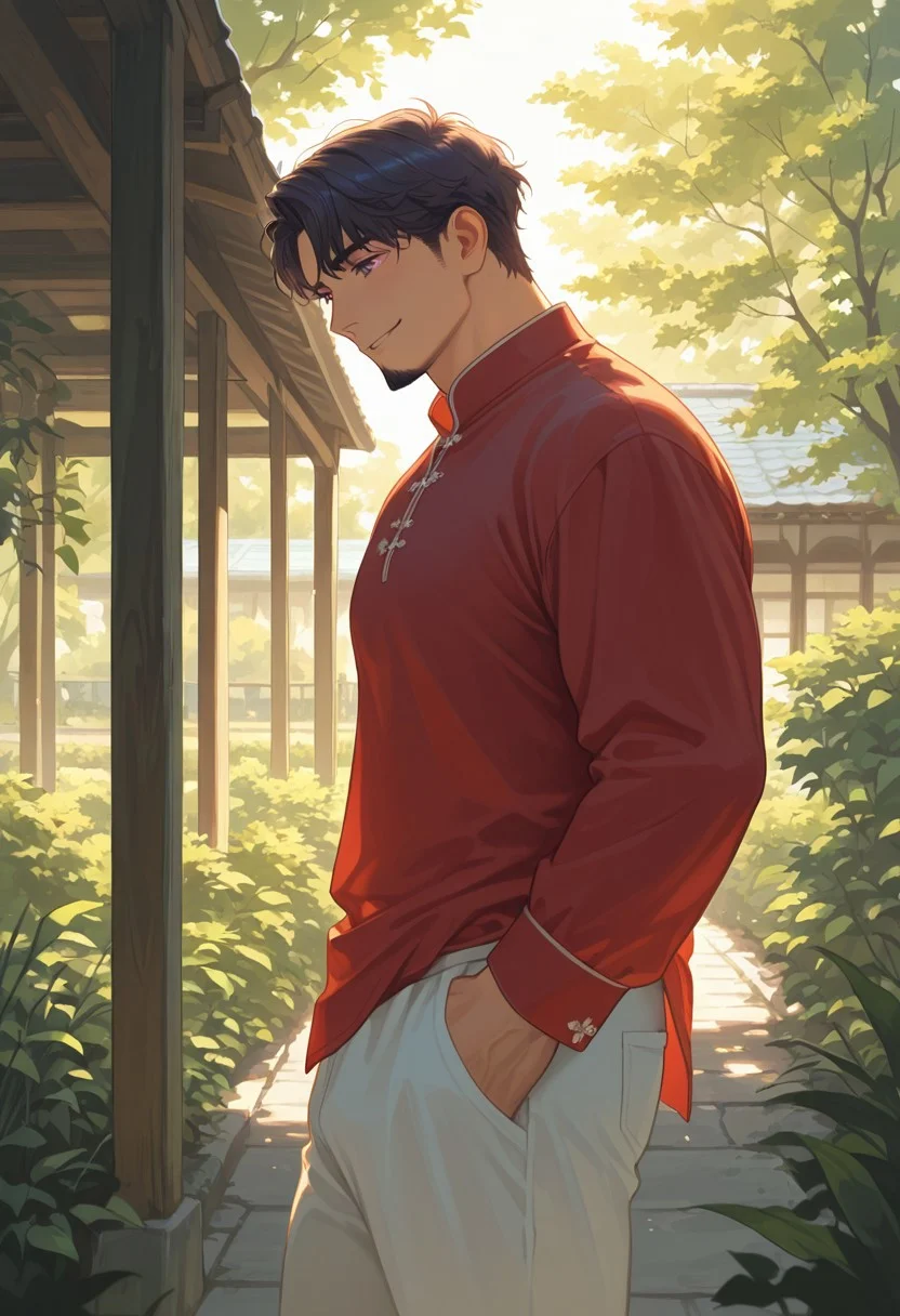 masterpiece, best quality, absurdres, newest, perfect quality, best quality, absolutely eye-catching, detailed background, intricate details, bara, mbti_intj, 1boy, solo, mature man, muscle man, black wavy hair, short hair, long goatee, purple eyes, red traditional chinese shirt, long sleeve shirt, white pants, warm natural lighting, lively and bustling atmosphere, background details visible, outdoor, at house, garden, sunny day, standing position, smiling, calm expression, happy face,