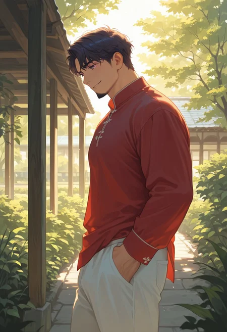 masterpiece, best quality, absurdres, newest, perfect quality, best quality, absolutely eye-catching, detailed background, intricate details, bara, mbti_intj, 1boy, solo, mature man, muscle man, black wavy hair, short hair, long goatee, purple eyes, red traditional chinese shirt, long sleeve shirt, white pants, warm natural lighting, lively and bustling atmosphere, background details visible, outdoor, at house, garden, sunny day, standing position, smiling, calm expression, happy face,