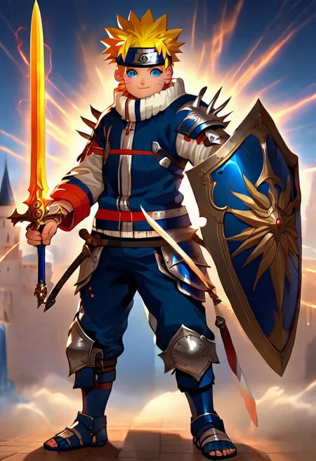 uzumaki naruto, blonde hair, spiked hair, blue eyes, whisker markings, facial mark, forehead protector, 1boy, solo, solo focus, teen, equip heavy knight armor, metalic blue armor theme, (right hand holding a sword:1.20), standing pose, solo, full body, happy expression, sword and shield, castle in the background