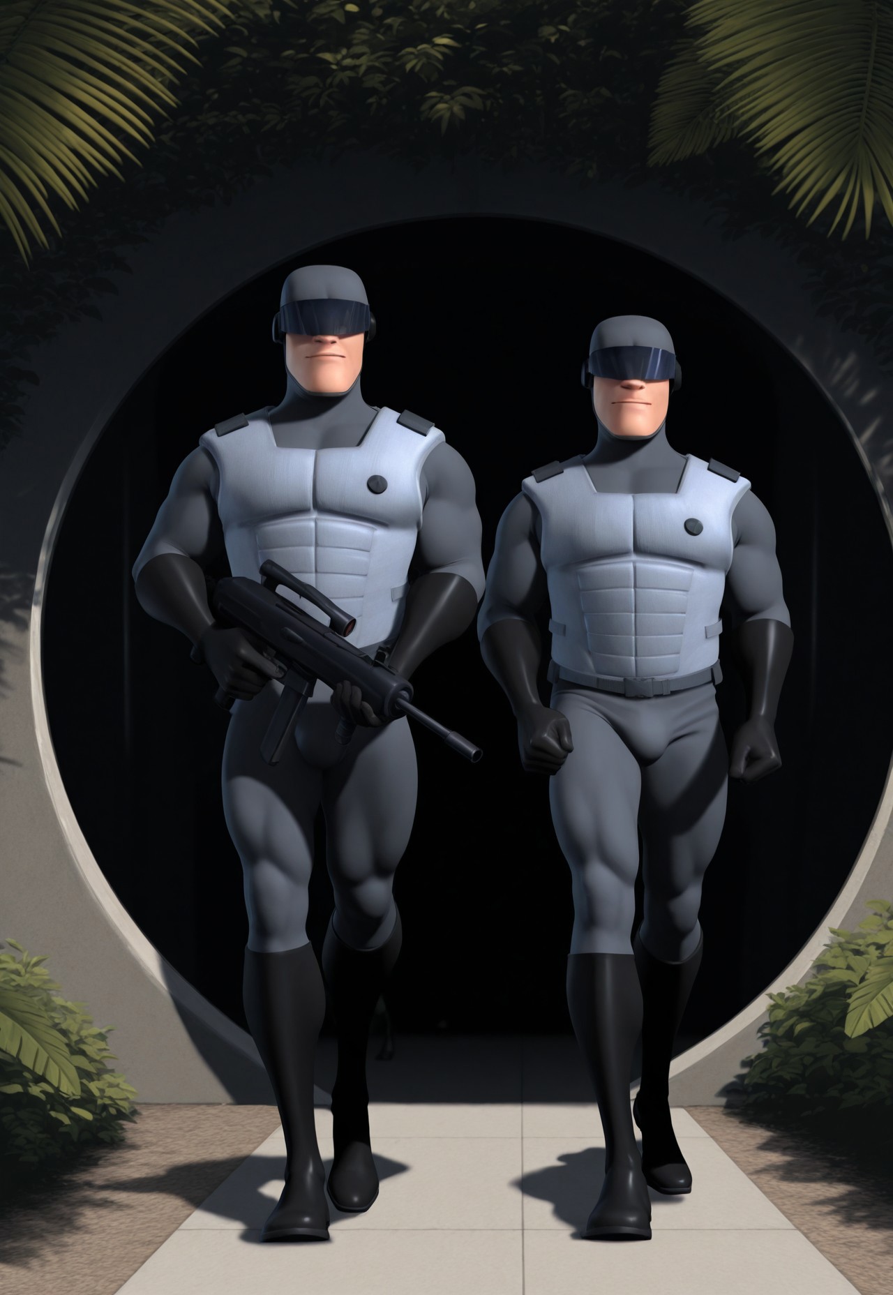 safe_pos, safe_pos, score_9, score_8_up, score_7_up, score_6_up, perfect anatomy, perfect proportions, best quality, masterpiece, high_resolution, high quality, best aesthetic, incredibly absurdres, concept art, digital art, realistic, highres, extremely detailed, huge filesize, mature, masculine, handsome, charming, seductive, male focus, 2boys, multiple boys, two guards walking, multiple_syndrome_guards, futuristic security guard, matte black visored helmet, grey chin strap, tight-fitting grey bodysuit, light grey vest, long sleeves, reinforced shoulder padding, black circle-shaped chest insignia, dark grey elbow-length gloves, minimalistic sci-fi design, animation-style rendering, portrait, view from waist up, holding high-tech blaster rifles, dynamic pose, tropical forest edge, high-tech metal doors embedded in cliffside, lava rocks and palm trees, secret sci-fi bunker entrance, cinematic lighting