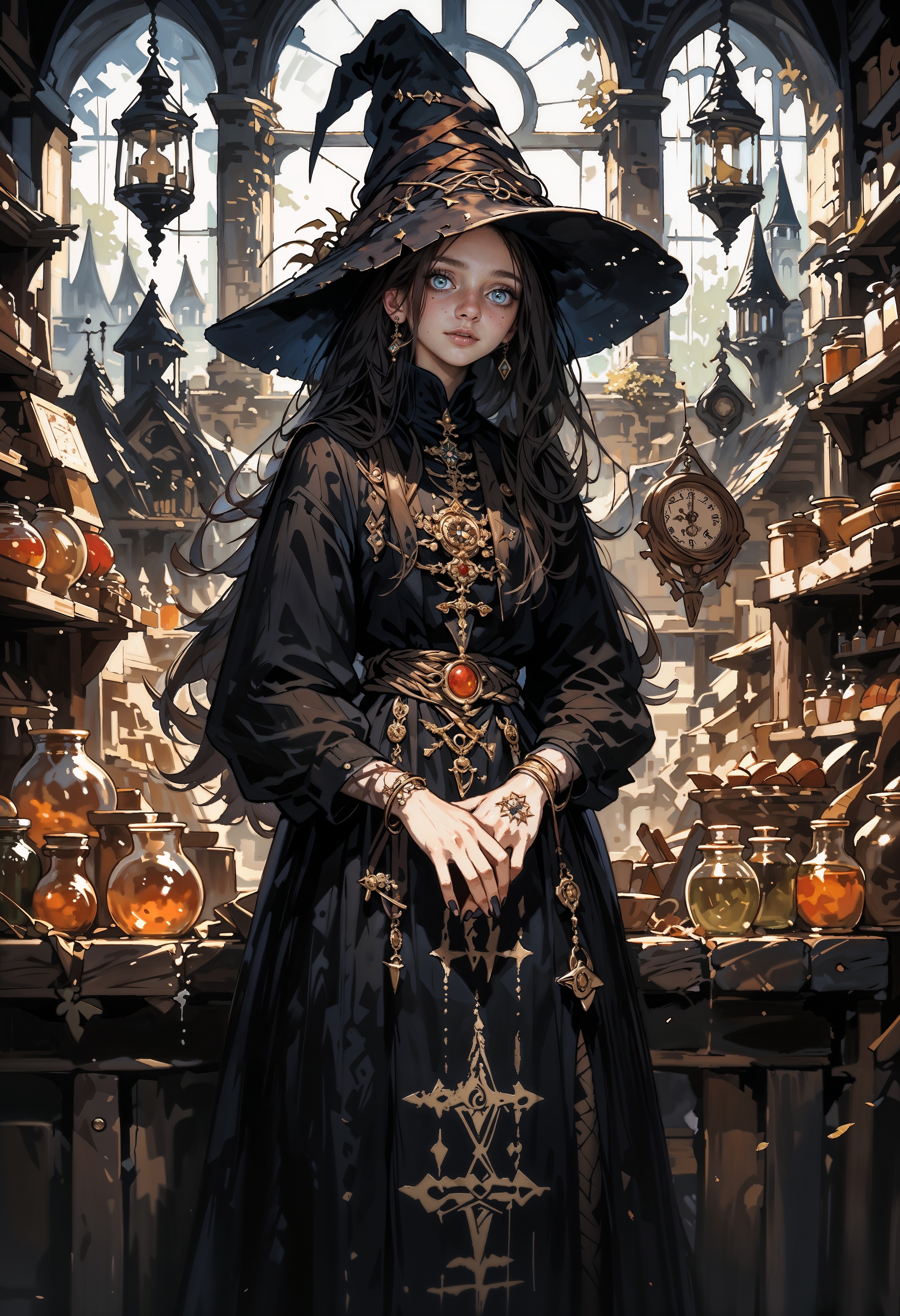 score_9, score_8_up, score_7_up,  1girl,long hair,solo,witch hat,pale skin,shiny,jewelry,black nails,shiny skin,witch dress, fishnets,shiny hair,fingernails, arcane merchant, tattoo, in a magic store, potions on the walls, magic items, orbs, wands, medieval fantasy, 0ddmag1c, curio, shop, oddity  <lora:cr33pp41ntXLP:0.8> cr33pp41nt <lora:Expressive_H-000001:0.8> expressiveh,  <lora:sinfully_stylish_SDXL> <lora:Pony_DetailV1.0> <lora:oddities_shop_specimen:0.8>
