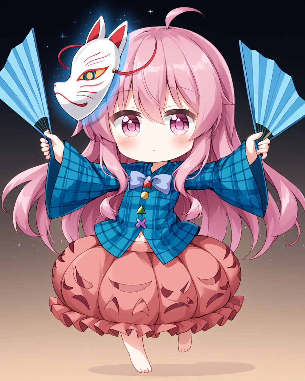 hata no kokoro,1girl, solo, long_sleeves, bubble_skirt, pink_skirt, folding_fan, chibi, sleeves_past_fingers, navel, holding_fan, blush, plaid_shirt, blue_shirt, mask_on_head, looking_at_viewer, triangle, closed_mouth, fox_mask, sparkle, ahoge, full_body, x, wide_sleeves, bow, star_\(symbol\)
<lora:hata_no_kokoro_image5070_2023-12-20:1>,star-shaped_pupils,symbol-shaped_pupils,. gorgeous,key visual, vibrant, studio anime,award-winning, professional, highly detailed,high budget, cinemascope