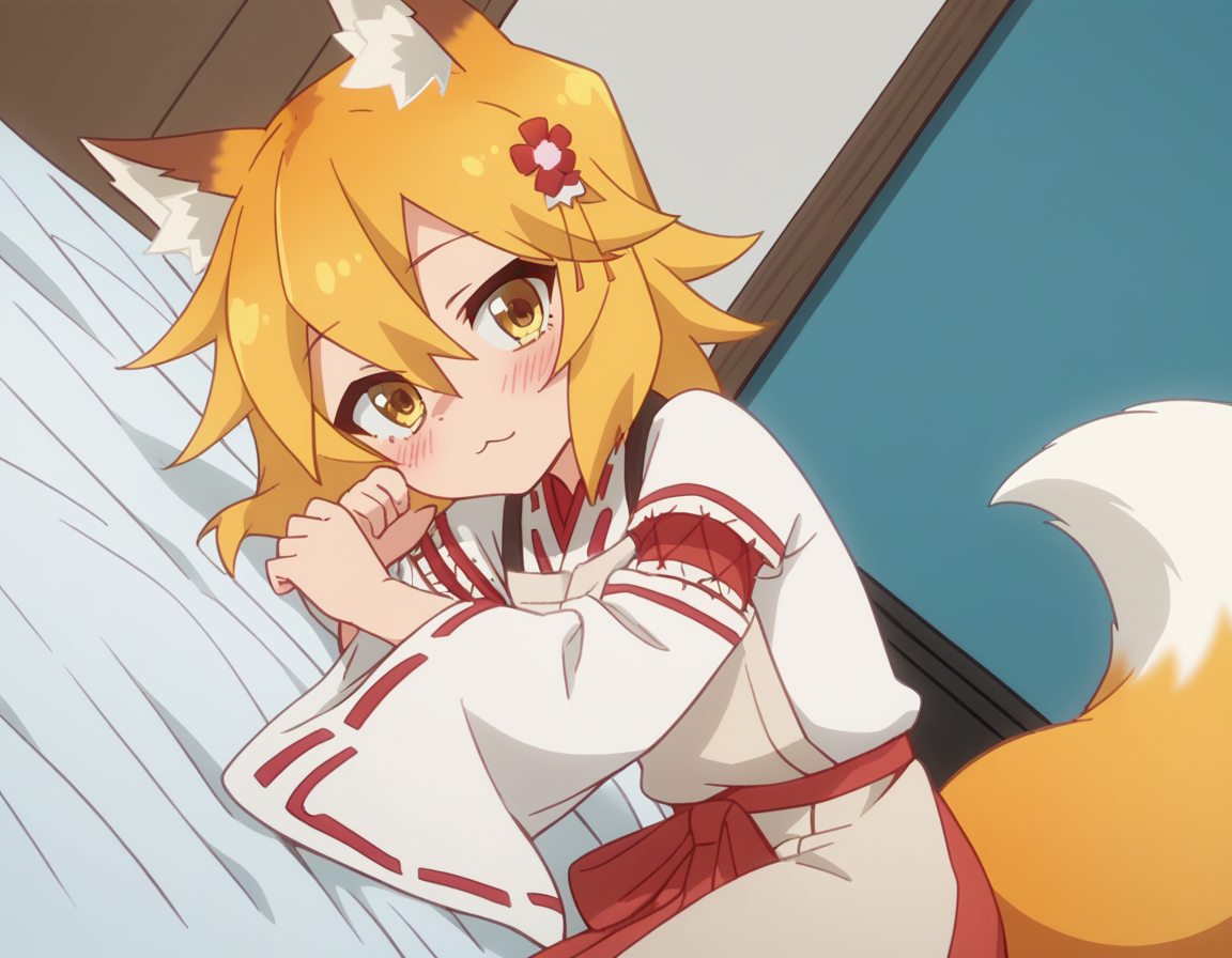 score_9, score_8_up, score_7_up, source_anime,
kitsunesenko, <lora:kitsune-senko-s1-ponyxl-lora-nochekaiser:1>,
senko, bangs, blonde hair, hair ornament, animal ears, hair between eyes, yellow eyes, flower, hair flower, animal ear fluff, fox ears, red flower, fox girl,
long sleeves, tail, japanese clothes, wide sleeves, kimono, apron, ribbon trim, hakama, hakama skirt, ribbon-trimmed sleeves, white kimono, miko, brown apron,
indoors, bed, bed room, on side, blush, drunk,
solo, dutch angle, looking at viewer, cowboy shot,