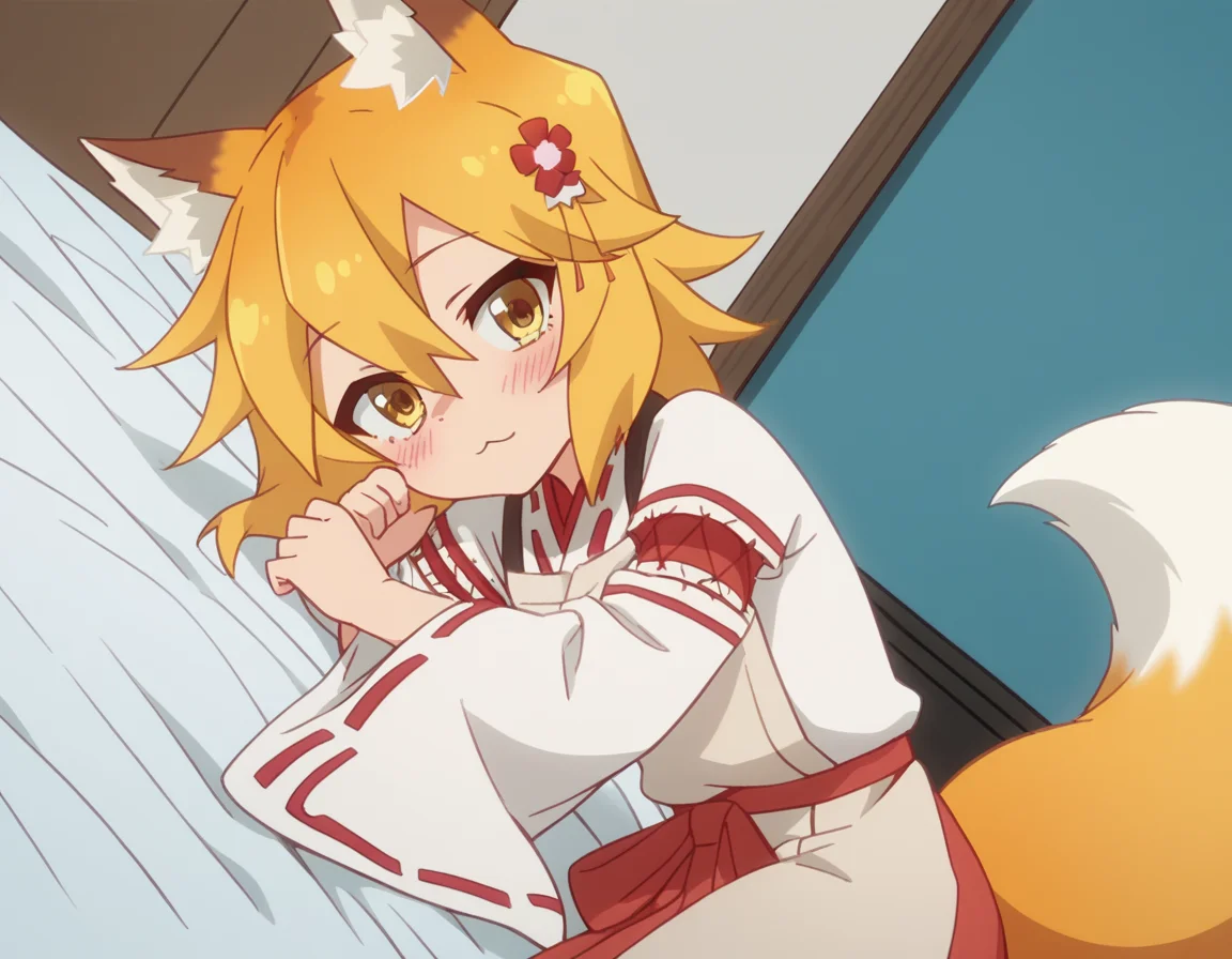 score_9, score_8_up, score_7_up, source_anime,
kitsunesenko, <lora:kitsune-senko-s1-ponyxl-lora-nochekaiser:1>,
senko, bangs, blonde hair, hair ornament, animal ears, hair between eyes, yellow eyes, flower, hair flower, animal ear fluff, fox ears, red flower, fox girl,
long sleeves, tail, japanese clothes, wide sleeves, kimono, apron, ribbon trim, hakama, hakama skirt, ribbon-trimmed sleeves, white kimono, miko, brown apron,
indoors, bed, bed room, on side, blush, drunk,
solo, dutch angle, looking at viewer, cowboy shot,