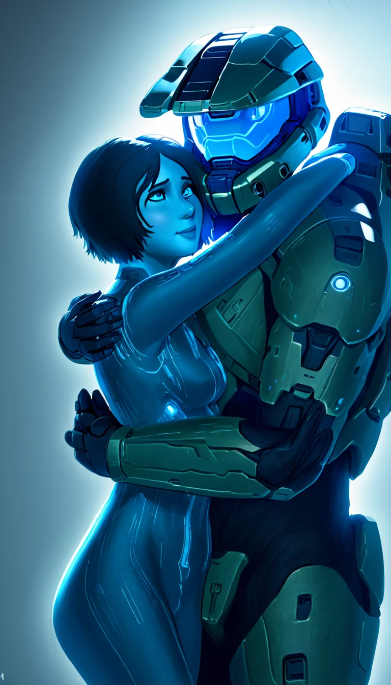 Cinematic scene, hero view, Cortana being hugged by Master Chief <lora:cortana_xl_v3:1>, action pose, detailed background, masterpiece, best quality, high quality, absurdres