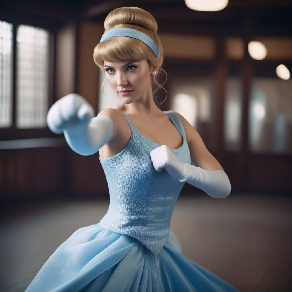 cinematic photo cinematic photo a full body agressive cinderella is a karate fighter in a dojo doing a highkick  <lora:Cinderella1024:0.8> . 35mm photograph, film, bokeh, professional, 4k, highly detailed . 35mm photograph, film, bokeh, professional, 4k, highly detailed