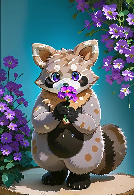 zuppu11, full body, solo, furry, score_9, score_8_up, look at viewer, male focus, no humans, furry male, fluxPaint, detailed eyes, rambley raccoon, smelling flower, purple flower