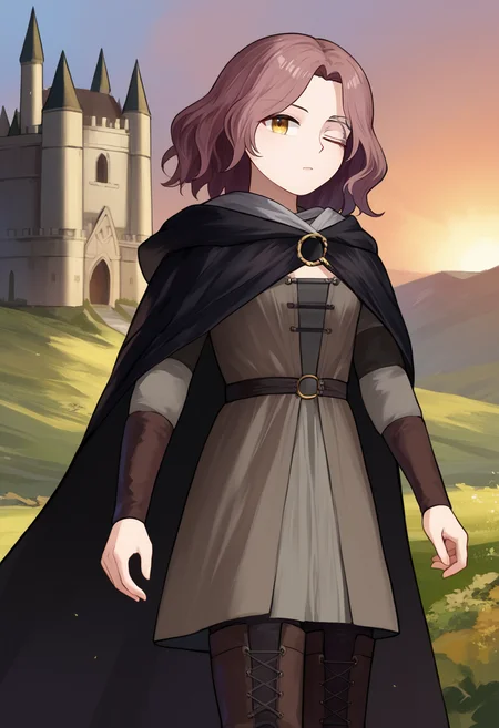 score_9, score_7_up, source_anime, solo, 1girl, IncrsMelina, scar across eye, facial tattoo, expressionless, looking at viewer, standing, one eye closed, yellow eyes, brown hair, medium hair, black cloak, hooded cloak, hood down, grey dress, long sleeves, cape, thigh boots, sunset, outdoors, castle <lora:style_chocojax_ponyXL-000040:1> <lora:Melina_pdxl_Incrs_v2:1>