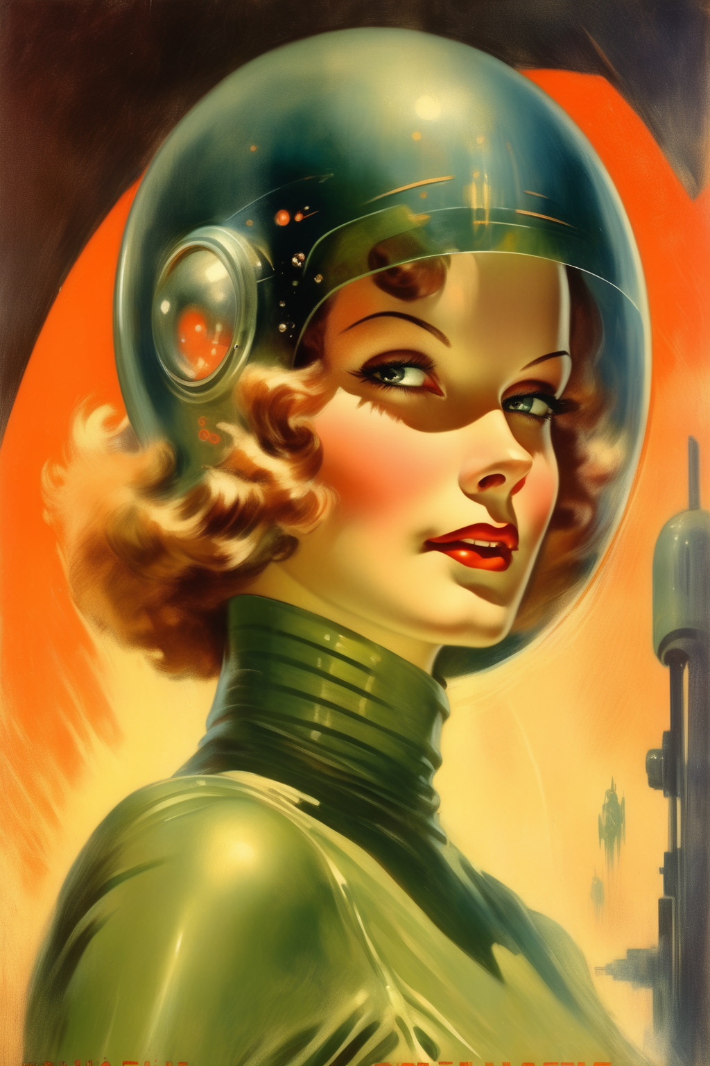 <lora:Rolf Armstrong Style:1>Rolf Armstrong Style - beautiful female android protagonist woman, 1930s sci-fi novel cover illustration