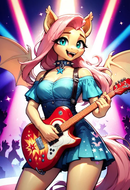 core_9, score_8_up, score_7_up, score_5_up, source_anime, (masterpiece, best quality, ultra-detailed), anthro pony, Fluttershy, rockstar performance, perfect hands, holding an electric guitar, singing passionately, dynamic pose, pastel-pink hair glowing in stage lights, expressive blue eyes, spiked collar, bat-like wings, vibrant concert stage, dramatic spotlight, neon lighting, energetic atmosphere, motion and energy.