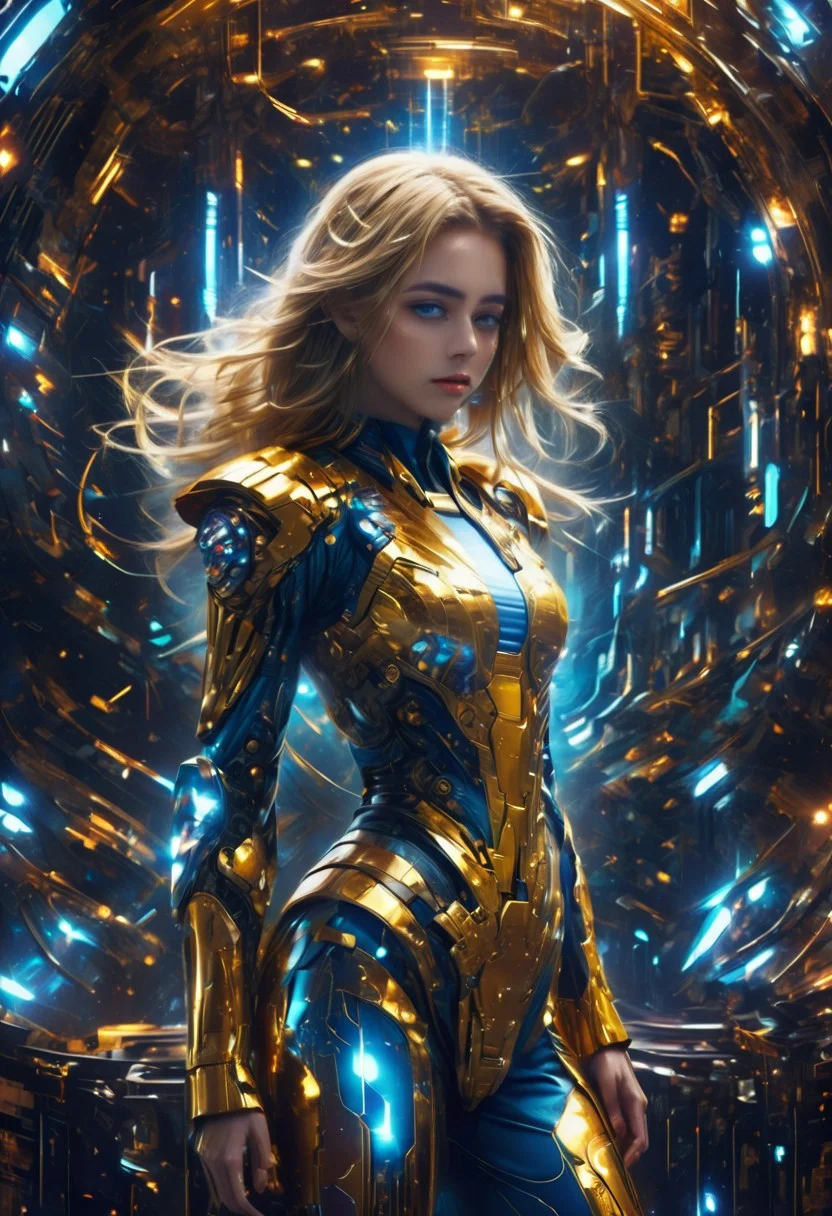 XUER martial arts style,A blonde girl with long hair is wearing a gold and blue mechanical suit, featuring many intricate mechanical details and technological elements. She is wearing glasses and high heels, standing in a futuristic scene with many twinkling lights in the background. The overall style is very sci-fi and sophisticated.