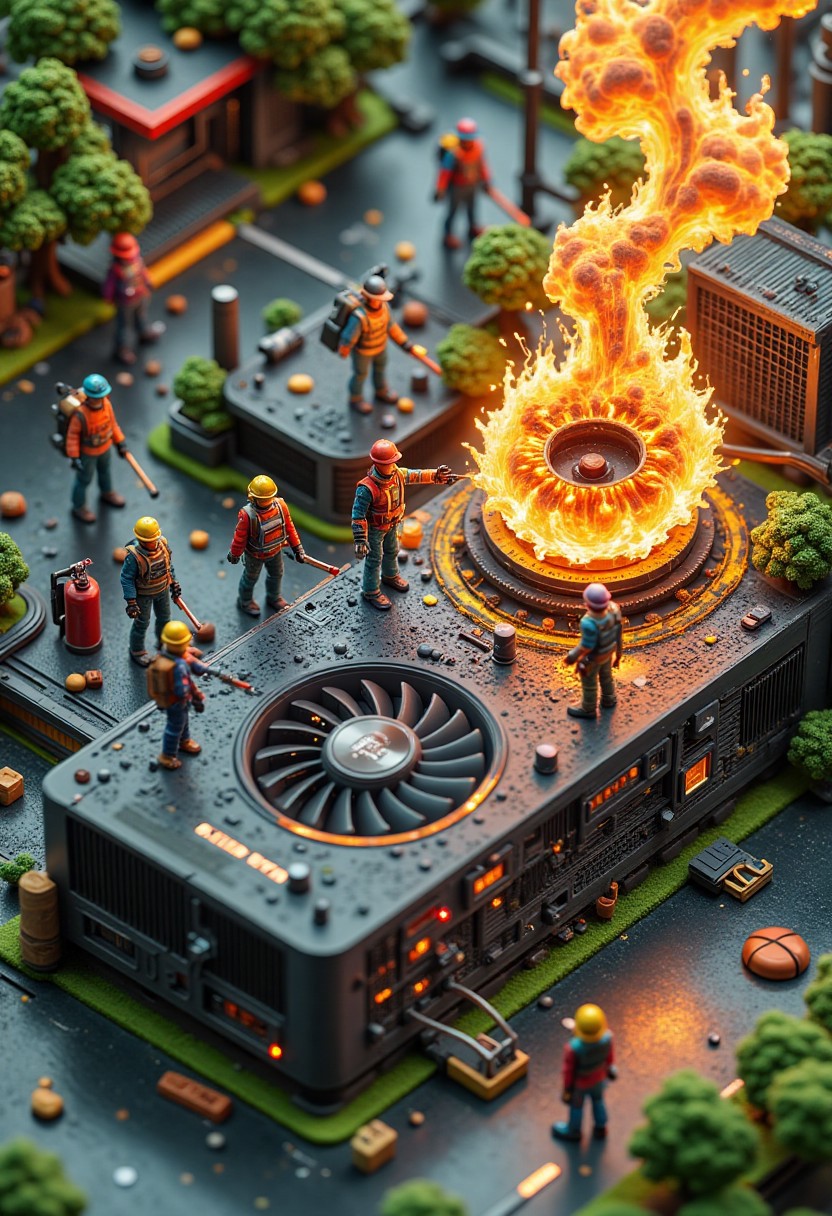 Tinyworld in the style of VTX9NE depicting Tiny humans with fire extinguishers fighting a fire on the surface of a giant Nvidia RTX4080 gpu.