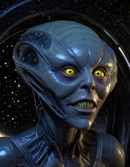 frelling alien, an alien woman with shap teeth and yellow eyes, interior of a spaceship, view of stars through the window, science fiction, <lora:Frelling_Alien-000007:1.0>
