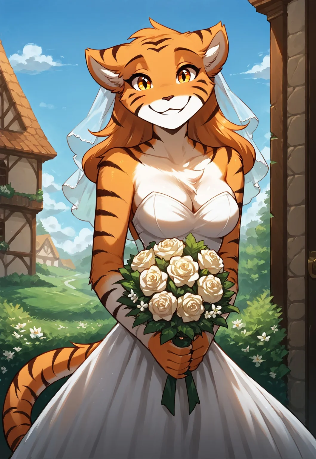 score_9, score_8_up, score_7_up, masterpiece, best quality, good quality, highly detailed, absurdres, Expressiveh, detailed background, outdoors, wedding chapel, wedding decorations, 1 girl, solo, anthro, therie-twokinds, tiger tail, wedding dress, holding bouquet, looking at the viewer, smile, happy