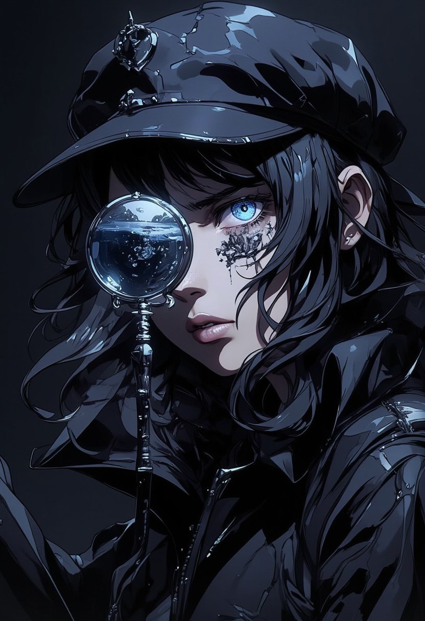 A pen and ink style expressionism painting. Portrait of a female detective scowling into a magnifying glass. The glass is crystal clear, showing a water portal through the glass. The detective is wearing a black suit that emanates her shadowy figure. 
Anime art of Detective draped in shadows with a lighting that enhances her unique features. Haunted house setting. Haunted expression, Haunted atmosphere. Ultra detailed artistic abstract. sbfte, de01, detail eyes, magic eyes, 8k.