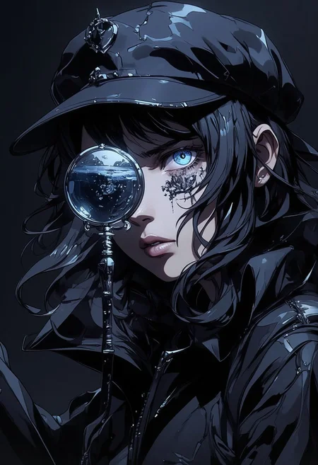A pen and ink style expressionism painting. Portrait of a female detective scowling into a magnifying glass. The glass is crystal clear, showing a water portal through the glass. The detective is wearing a black suit that emanates her shadowy figure. 
Anime art of Detective draped in shadows with a lighting that enhances her unique features. Haunted house setting. Haunted expression, Haunted atmosphere. Ultra detailed artistic abstract. sbfte, de01, detail eyes, magic eyes, 8k.
