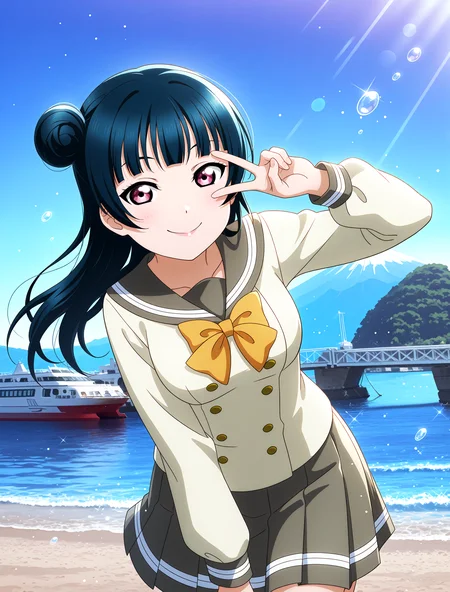 <lora:Koto-Umi-Riko-Shizu-Setsu-LLAS-IllustriousXLV01-V1:1> <lora:sdxl-boldline:-0.5> <lora:sdxl-flat:0.5>
<lora:Mitokaisuiyokujo-IllustriousXLV01-V1:1>
llas, masterpiece, very aesthetic, absurdres, best quality, newest, perfect anatomy, perfect lighting, anime coloring BREAK
(sparkle, light particles, light rays, sunbeam:1.2), reflection, rim lighting, (depth of field, blurry background:1.2) BREAK
1girl, solo, looking at viewer, cowboy shot BREAK
tsushima yoshiko, single hair bun, long hair, v, v over eye BREAK
big pupils, (detailed eyes:1.2), large breasts, lips, smile, closed mouth BREAK
(urawin, uranohoshi winter uniform:1.2), long sleeves, white serafuku, yellow bowtie, grey skirt BREAK
mito beach, fuji mountain, numazuuchiura ocean, mount fuji, sand, bridge, ship, sign, day, blue sky, blue theme, (water drop, bubble:1.2)