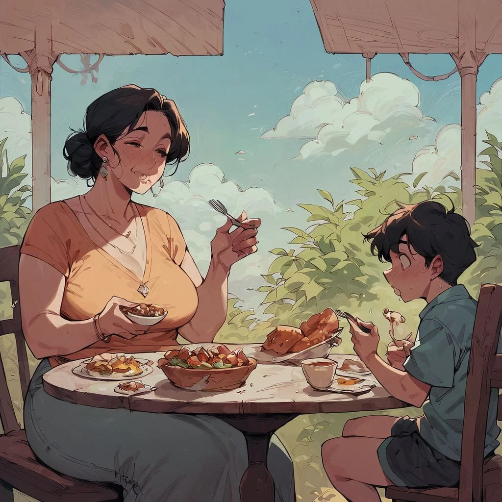 score_9,score_8_up,score_7_up,score_6_up, 1girl, 1boy, eating supper, woman and boy sitting, ((Mother, Son)), milf, wide hips, big ass, whole table view.